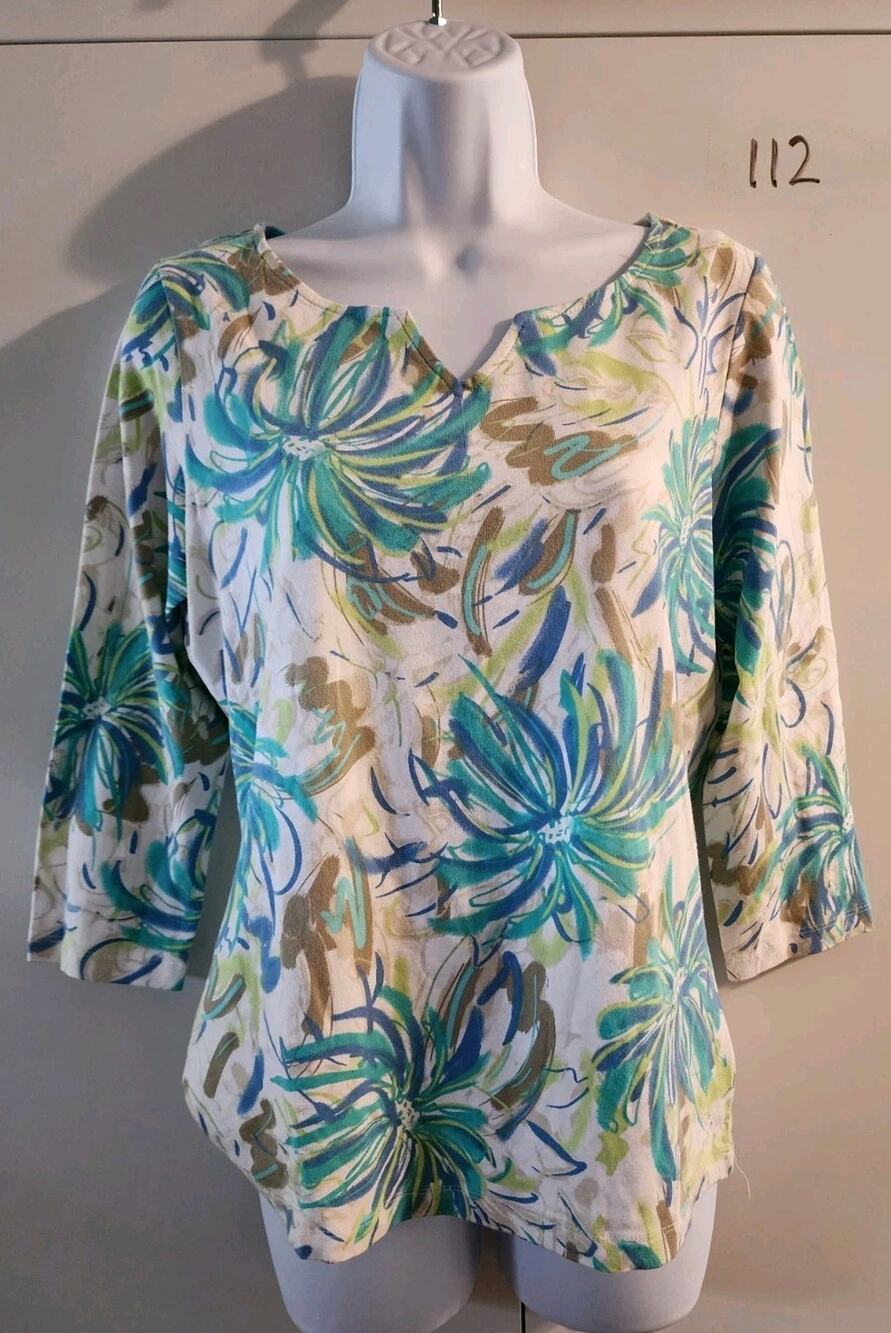 Ruby Rd Womens Small Floral Split Neck Top 3/4 Sleeve Blue Green Cotton Stretch